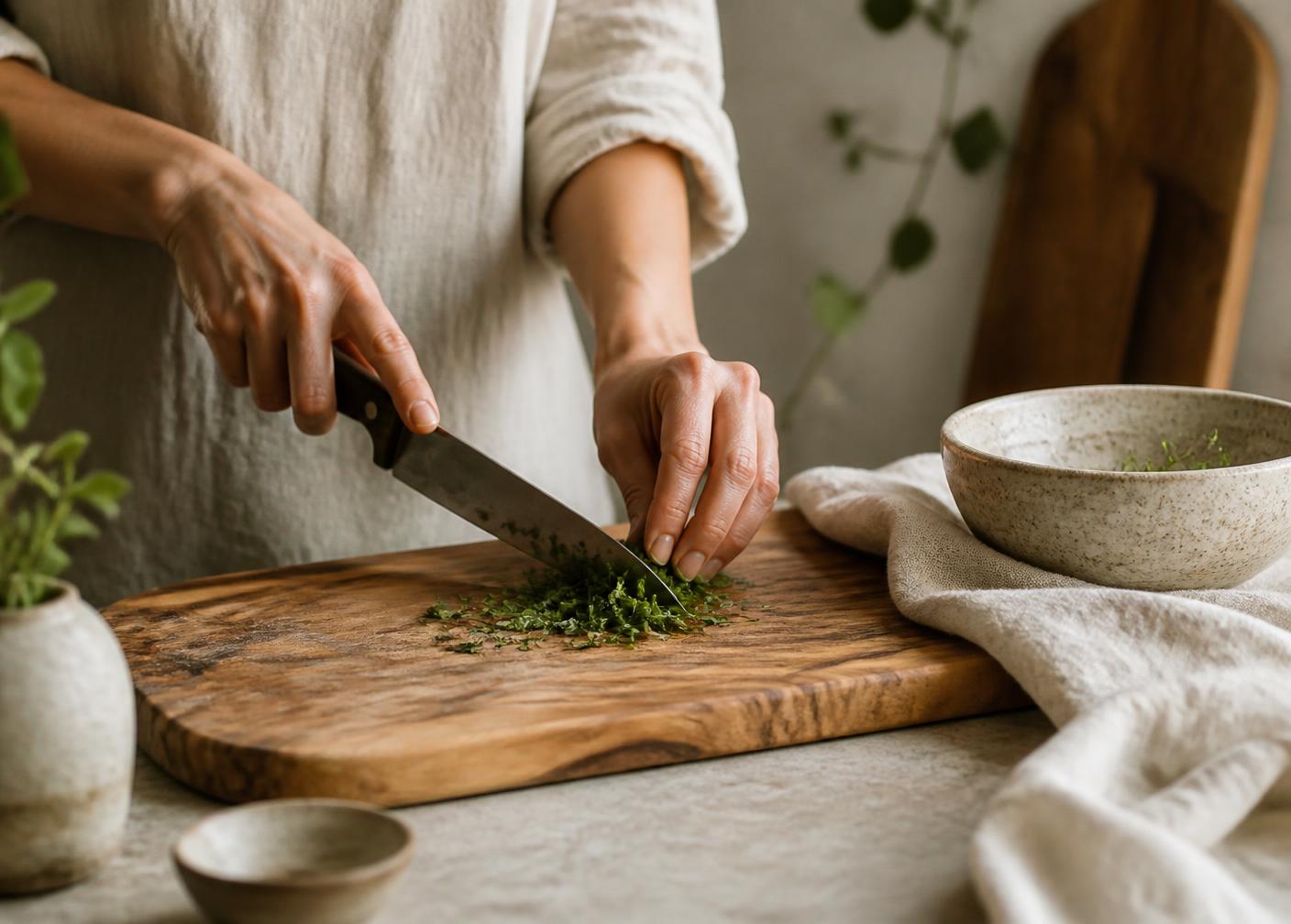 Herbs being chopped on an olive wood board beside a linen cloth and ceramic bowl