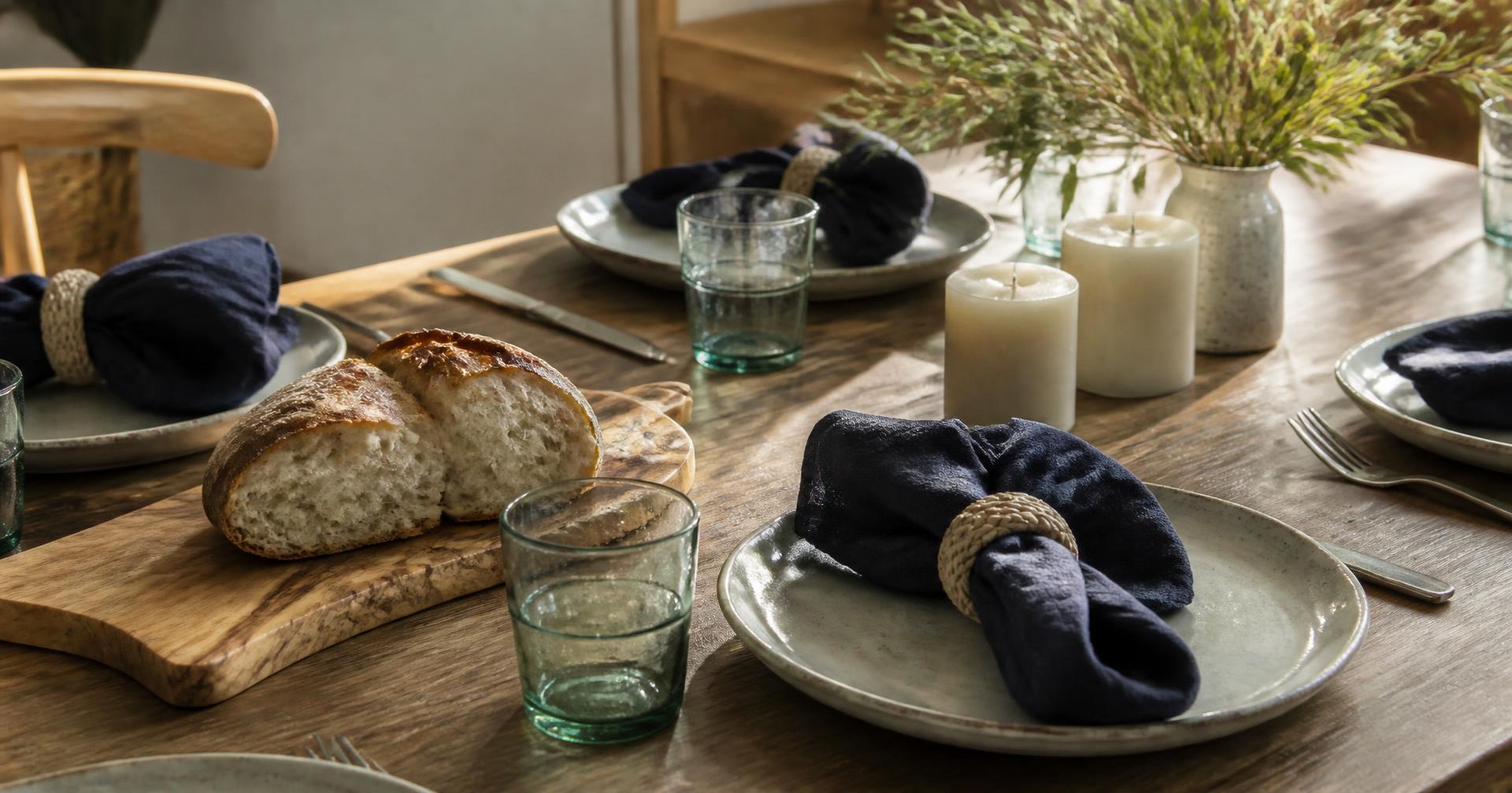 A relaxed dinner table set with stoneware plates, linen napkins and glass tumblers